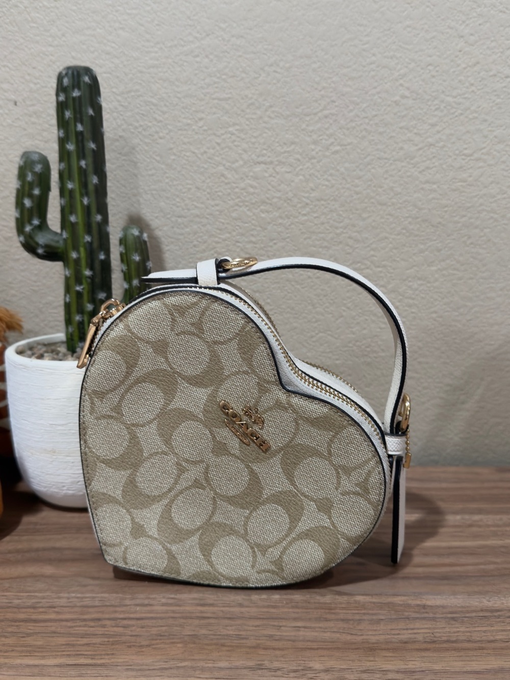 Coach Beige Signature Heart Mini Crossbody with Gold Logo